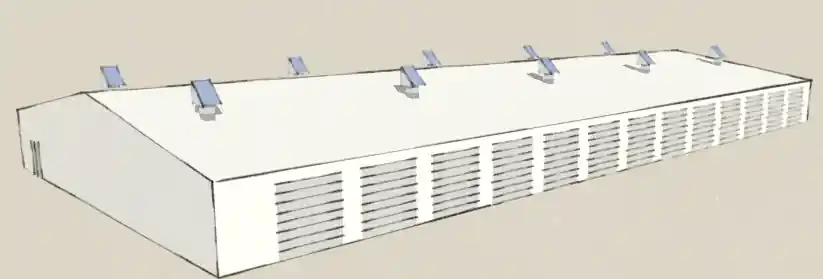 SunCooler installed on livestock barn rooftop in exhaust mode